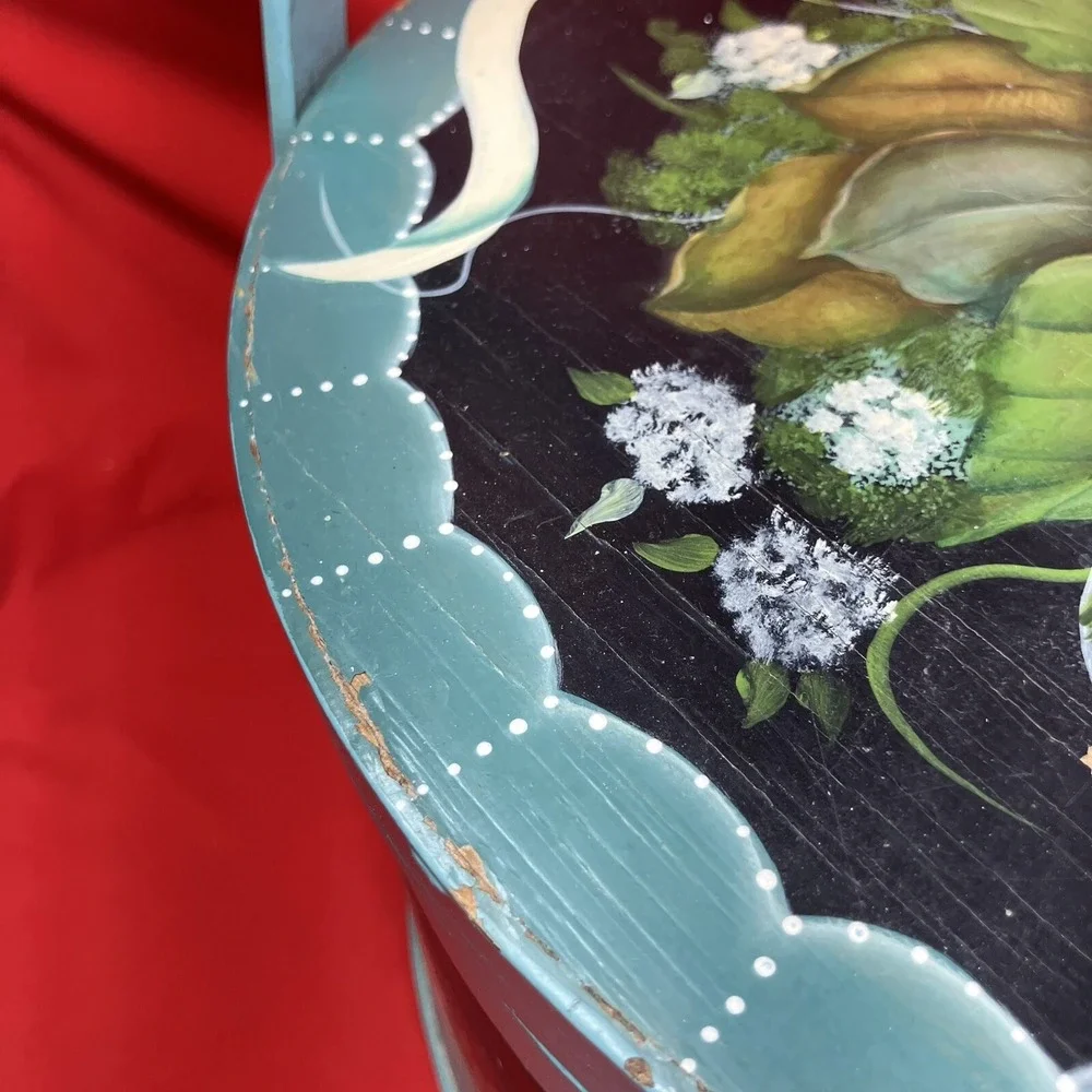 Vintage Firkin Primitive Bucket / Wooden / Hand Painted Blue / Rose/Floral /Flaw